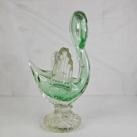 Vintage Murano Art Glass Swan Bird Clear and Green Italy Very Rare Pieces